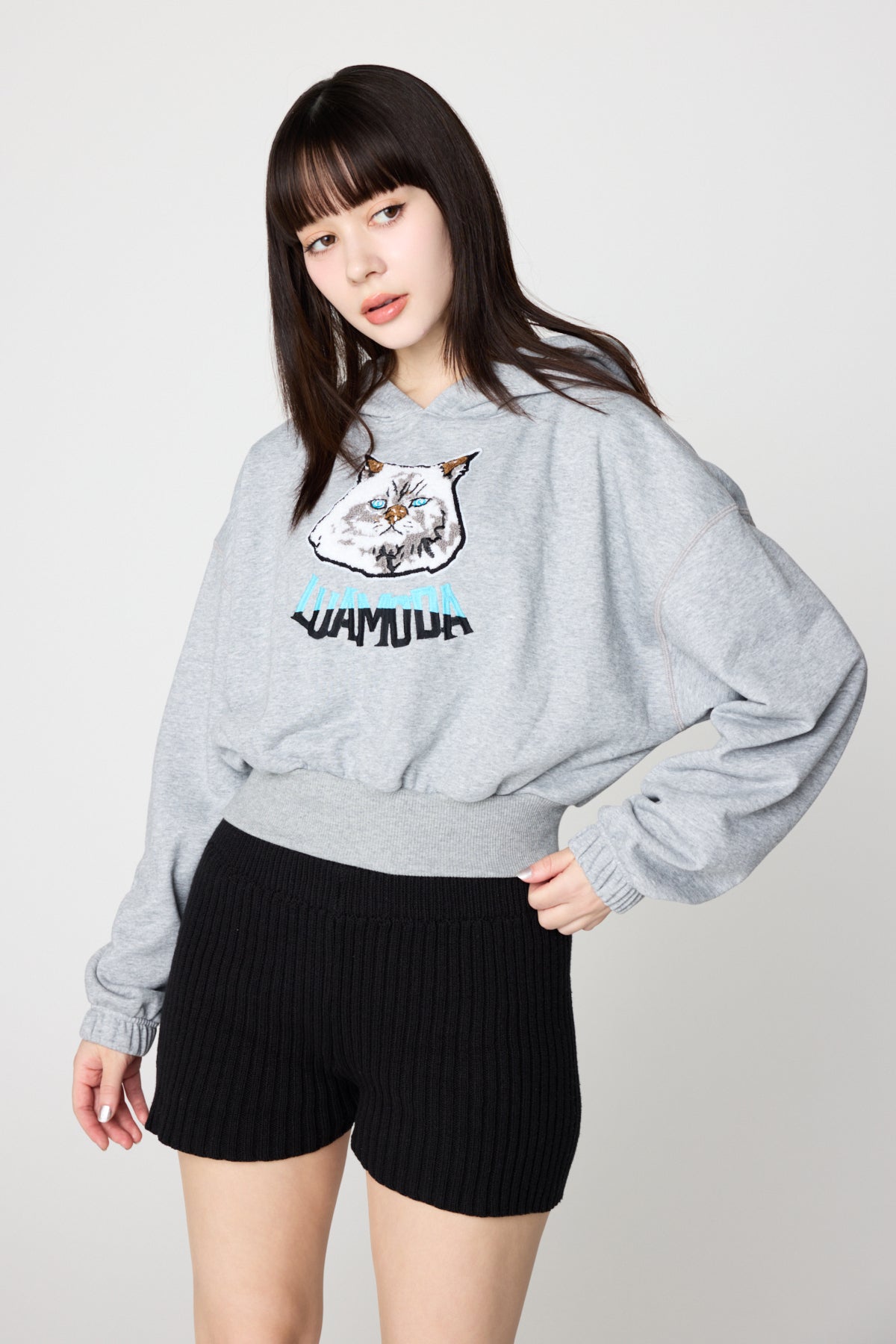 Cat Emblem Cropped Hoodie（GRAY)