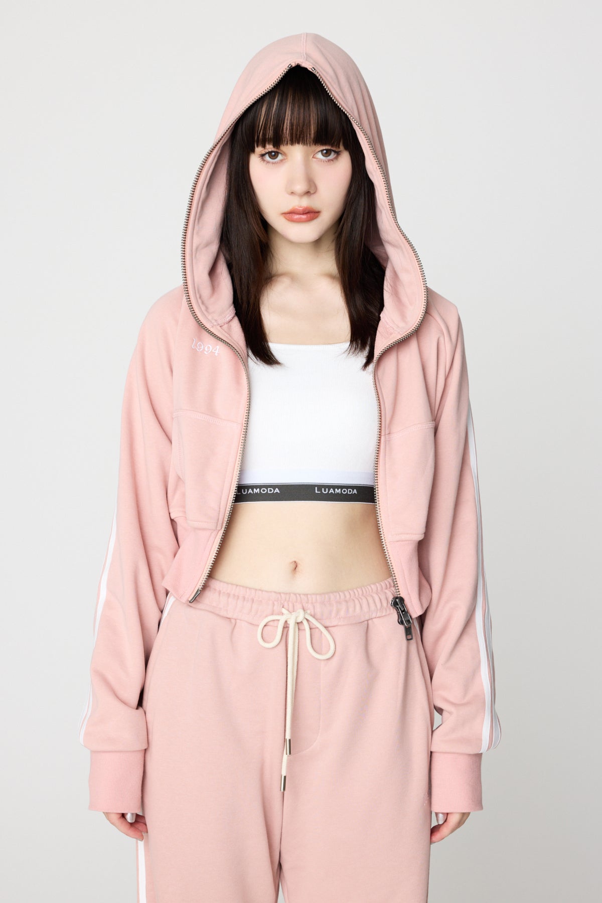 Double Line Cropped Hoodie（S.PINK)